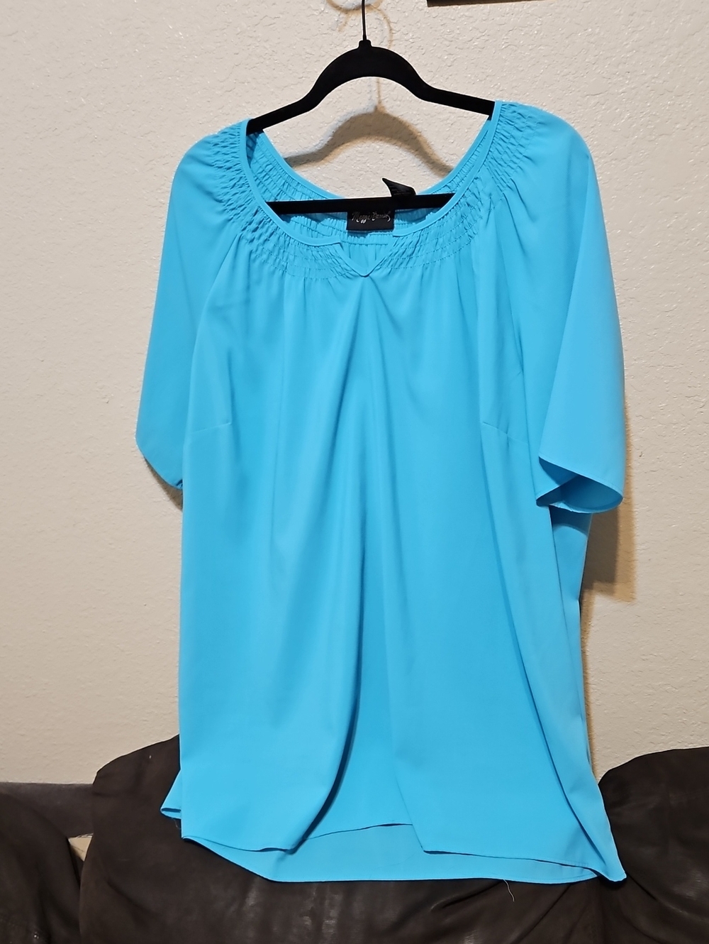 Maggie Barnes Bright Turquoise Smocked-Neck Blouse